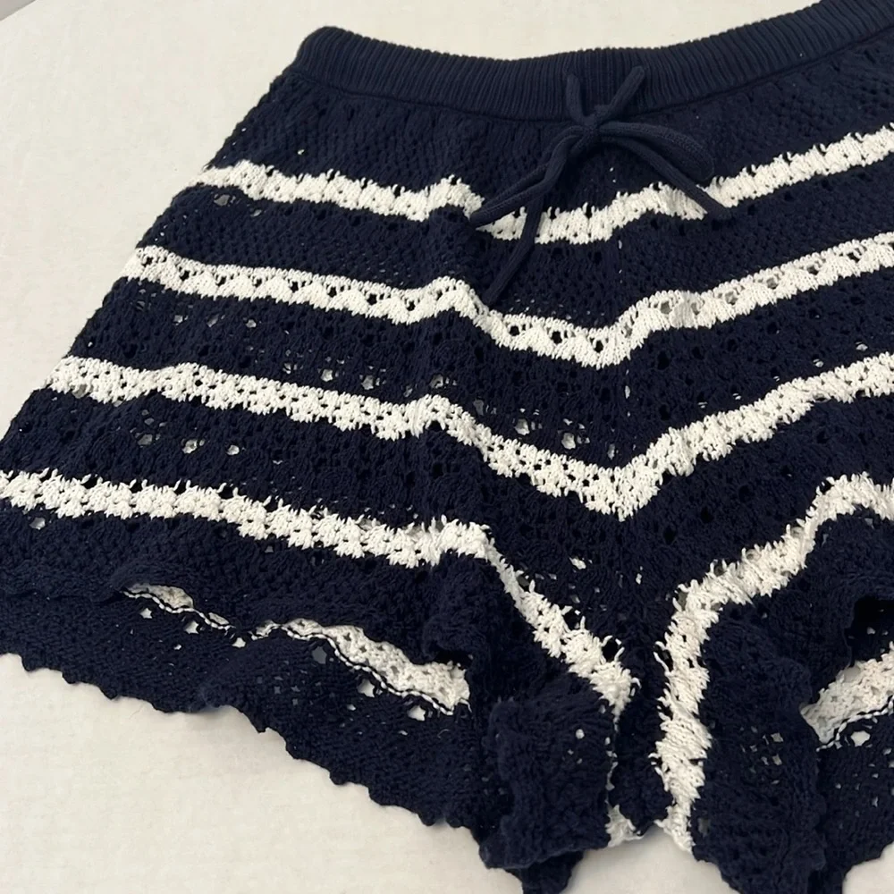 HOUSE OF HARLOW 1960 BLUE & WHITE KNIT COTTON SHORTS MEDIUM
